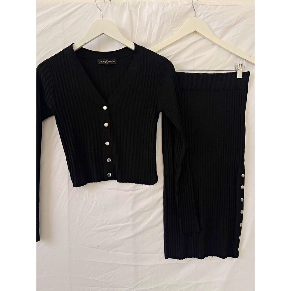 Almost Famous Solid 2-Piece Outfit Set M Black Knit Cardigan & Skirt Ribbed